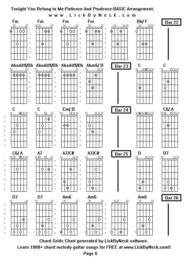 Chord Grids Chart of chord melody fingerstyle guitar song-Tonight You Belong to Me-Patience And Prudence-BASIC Arrangement,generated by LickByNeck software.